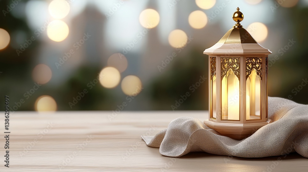 Poster ornate lantern with candlelight on wooden table during evening with soft bokeh background