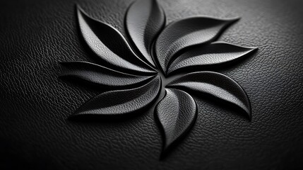 Minimalist white logo embossed on deep black leather, soft diffused lighting, elegant branding, luxury aesthetic, macro shot