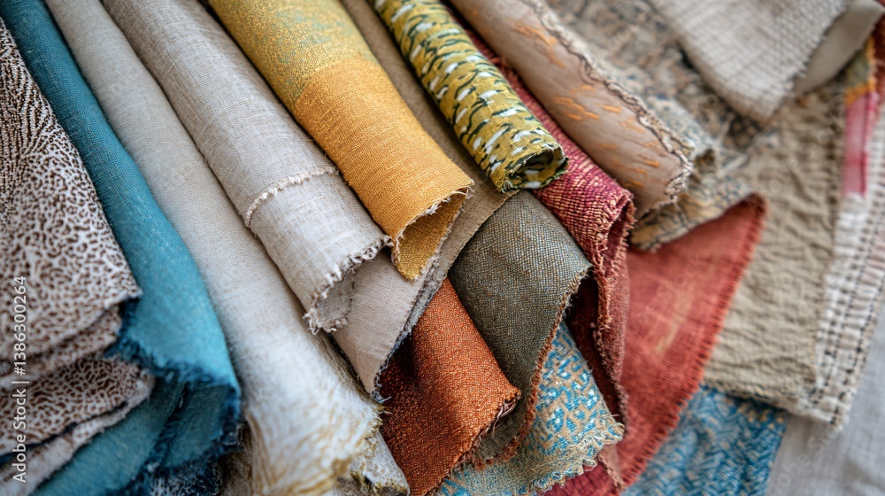 Poster colorful textile samples laying on table in design studio