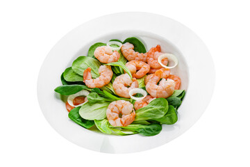 Shrimp salad seafood dish fresh gourmet food background on table rustic food top view copy space