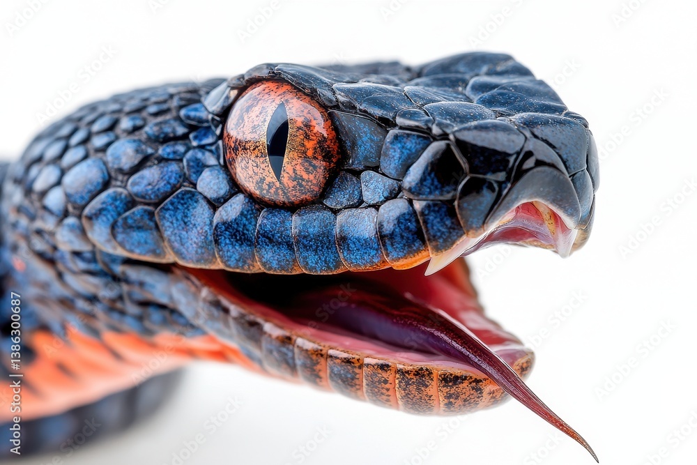 Poster colorful snake with striking blue and orange scales displays its tongue in a close-up view against a