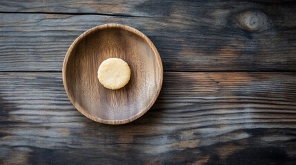 Single Senbei Rice Cracker on Pale Wood Plate Top View Image