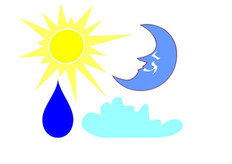 Vector icons of yellow sun, purple crescent moon, water drop, and blue cloud in flat style on white background