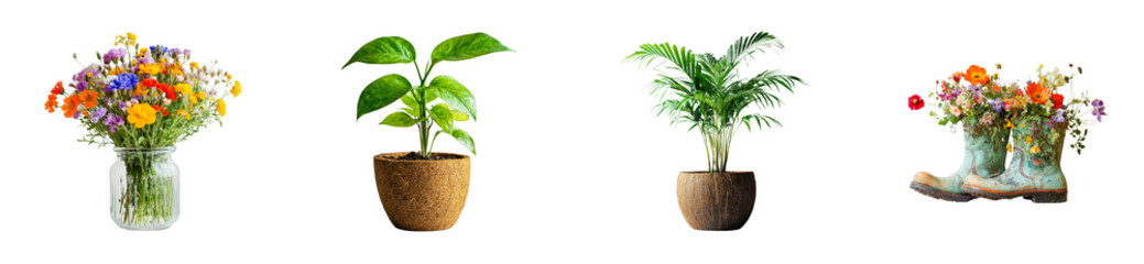 Fototapeta premium Vibrant floral arrangements and lush green potted plants in unique containers. Set png cut out