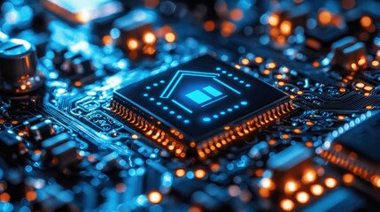 Smart home technology concept glowing house icon on circuit board.