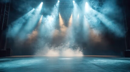 Naklejka premium Empty stage with dramatic lighting and smoke effects, creating a mysterious and atmospheric scene perfect for performances or events