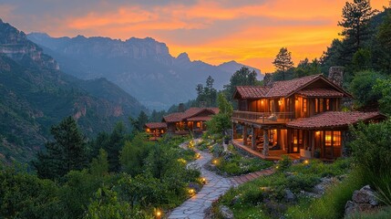 Obraz premium Mountain resort at sunset, stone path, wooden cabins.