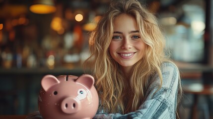 Obraz premium Woman with piggy bank, indoor lights. Blonde hair, smile, and happy