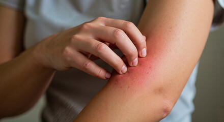 Woman experiencing itchy skin reaction while scratching her arm  