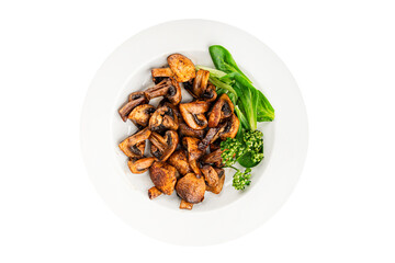 Mushroom fried champignon dish fresh gourmet food background on the table rustic food top view copy space vegetarian and vegan food