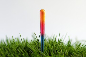 Brightly colored golf ball on a tee standing in lush green grass on a sunny day at a golf course