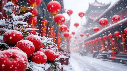 Snowy Winter Scene in a Chinese Town with Red Lanterns and Snow-Covered Apples