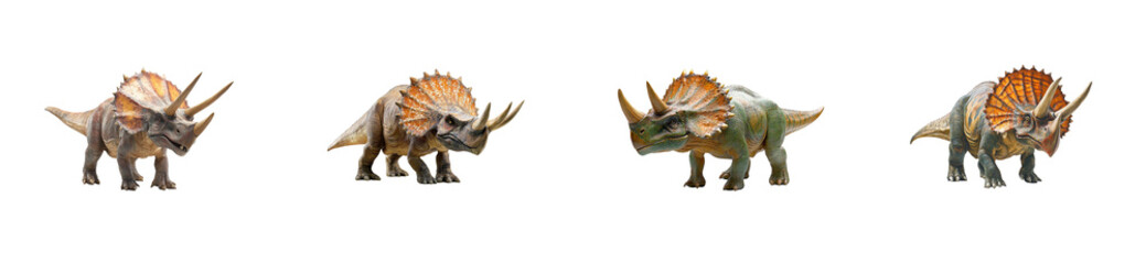 Fototapeta premium Triceratops dinosaurs in various poses: horned prehistoric creatures display. Set png cut out