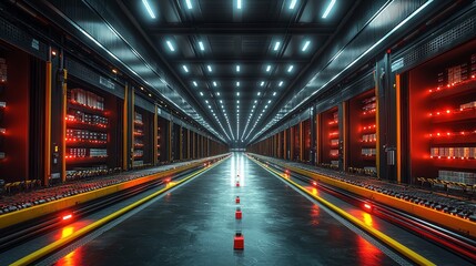 Futuristic industrial warehouse with vibrant lighting and endless aisles