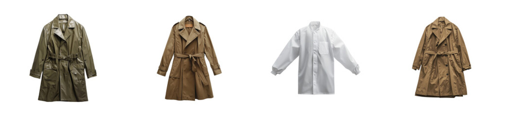 Collection of stylish trench coats in various colors. Set png cut out