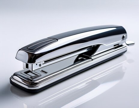 the image shows a reflective chrome stapler against a white background highlighting its modern sleek design
