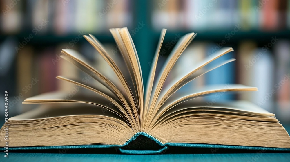Aufkleber Open book resting on table in library setting
