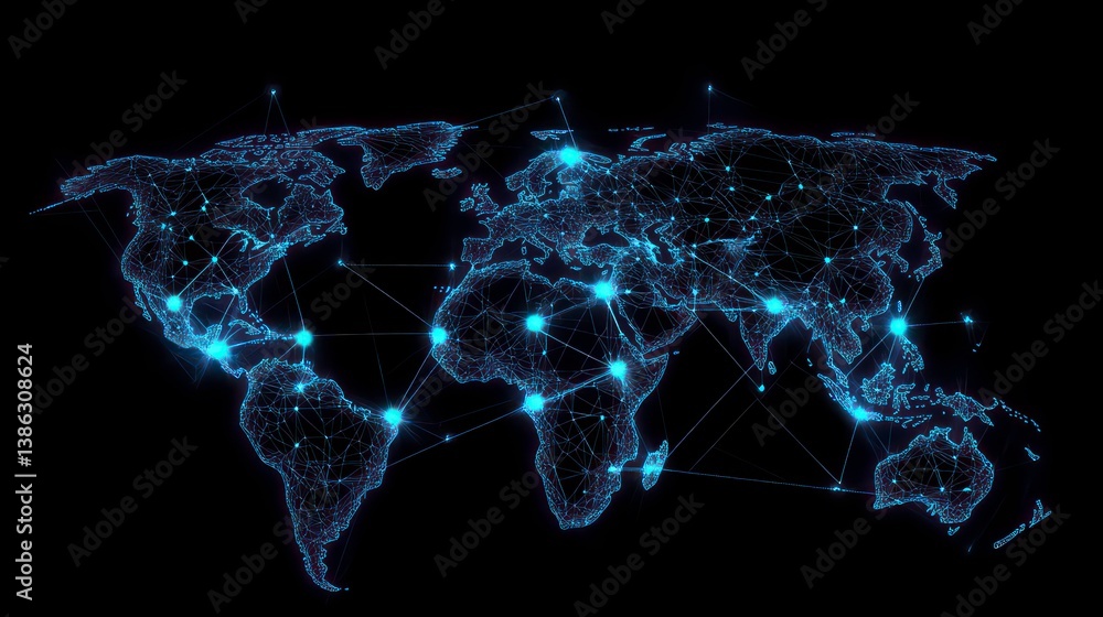 Poster global network connectivity concept with digital earth and connected nodes representing worldwide co