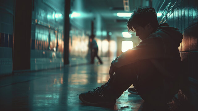 Teenage boy sitting on floor in school hallway, face hidden under hoodie, depression, bullying, incel, child, teenager, kids, schoolboy