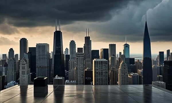towering skyscrapers with sleek glass facades reflecting the gloomy sky
