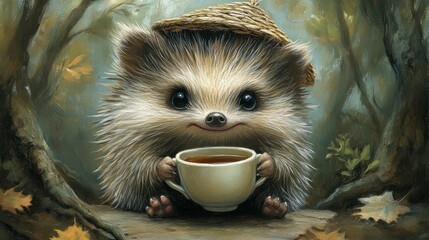 Adorable Hedgehog with a Cup of Tea in an Autumn Forest