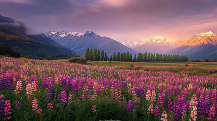 Obraz premium Serene open countryside with a blanket of colorful wildflowers in the foreground, undulating hills with tree rows cutting across the horizon, misty snow-capped peaks in the distance