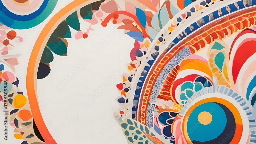 Poster colorful, semi-circular design filled with layers of patterns and textures creates a joyful and play