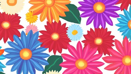 Vibrant floral artwork showcasing a collection of colorful daisies in various shades. Bold and cheerful display on a white backdrop.