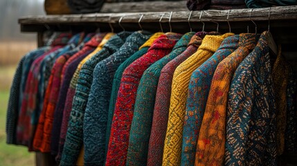 Colorful knitted sweaters hanging on rustic wooden rack outdoors.