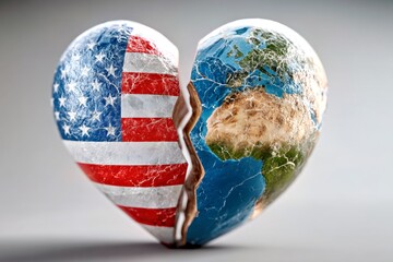 Two parts of broken heart with US flag and world map, symbolizing global conflict between America and all world, related to US foreign policy, geopolitical tension, strained international relations
