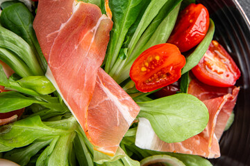 Jambon salad jamon meat vegetables dish fresh delicious gourmet food background on table rustic food top view copy space