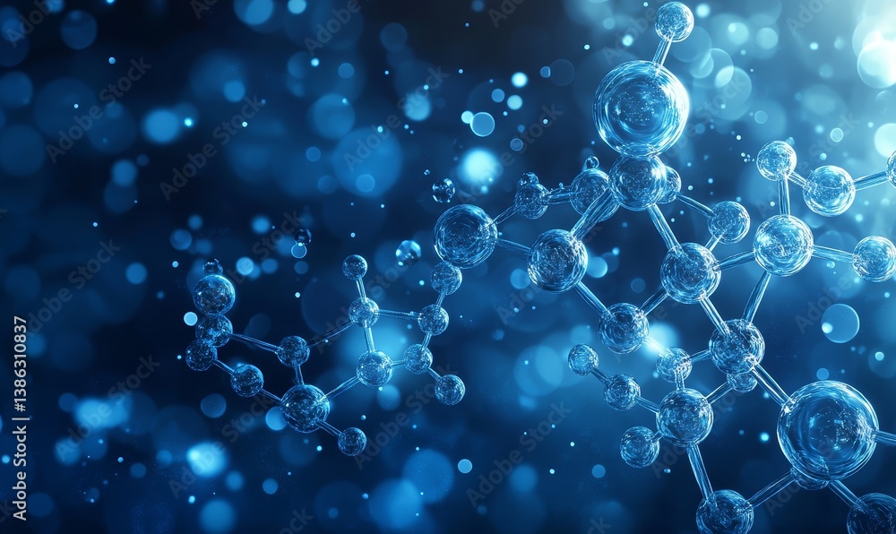 Poster abstract molecular structure with blue light and bokeh effects