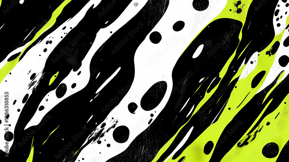 Poster abstract neon yellow and black pattern with irregular shapes and scattered dots