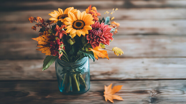 A lovely autumn bouquet featuring sunflowers, dahlias, and vibrant maple leaves, arranged in a vintage mason jar on a wooden table surrounded by fall decor.