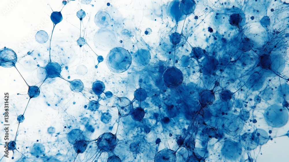 Poster abstract blue molecular structure with interconnected spheres and lines on white background