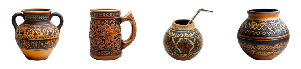 Collection of ornate ceramic vases and mugs with traditional patterns. Set png cut out