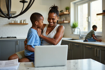 Happy Mother Using Laptop with Children at Home in Kitchen