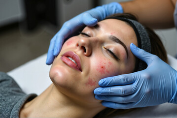 Woman Receiving Facial Treatment for Acne Skin Care at Spa