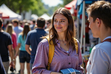 Smiling Woman at Outdoor Market Engaging in Lively Conversation