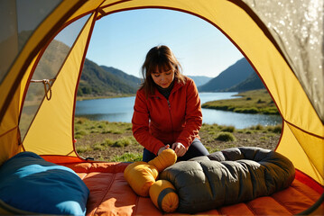 Woman Camping by a Scenic Lake Setting Up Sleeping Bag in Tent