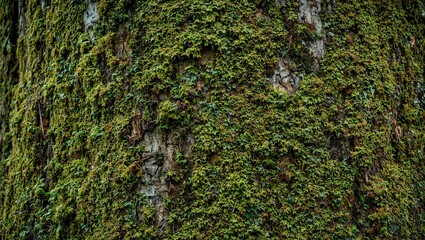 Lush green moss blankets textured bark on an ancient tree a serene and exquisite nature backdrop for designers and artists