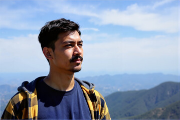 Young Man Enjoying Mountain View on a Clear Day