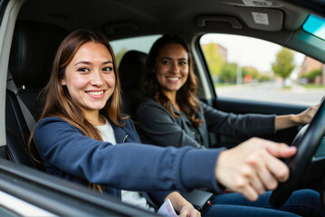 Two Women Smiling and Driving in a Car on a Sunny Day