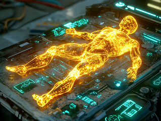 A digital steel human figure infused with glowing golden tech elements, surrounded by AI diagnostics 