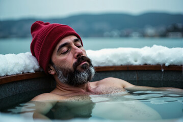 Man Relaxing in Hot Tub During Winter with Snowy Background