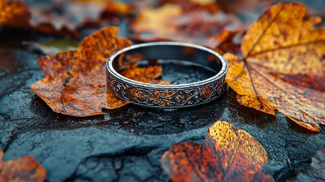 Ornate ring on autumn leaves, dark stone background, jewelry