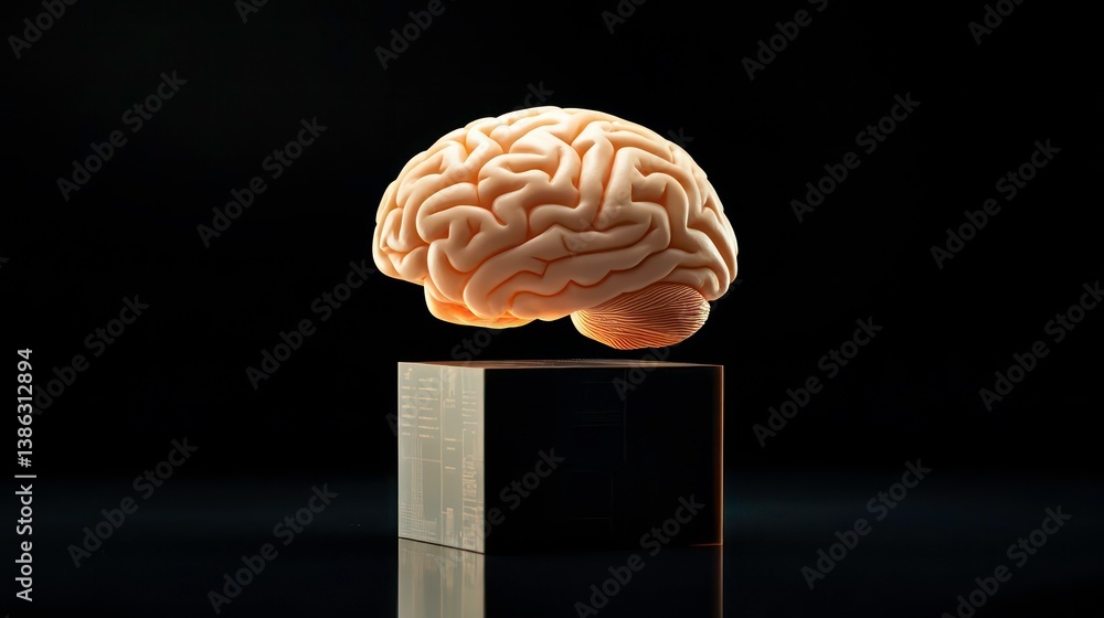 Poster human brain emerging from a digital block, symbolizing the intersection of neuroscience and technolo