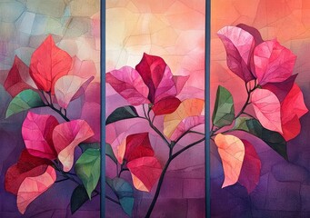 Vibrant stained glass floral art with pink and red leaves
