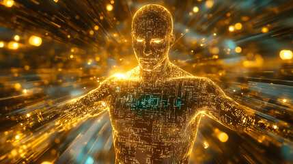 A futuristic golden and steel human silhouette with AI circuitry and glowing technology symbols 