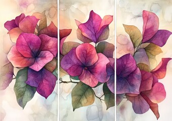 Watercolor painting of lush pink and purple flowers with delicate green leaves